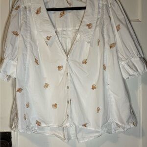 Free People White Blouse with Brown Shell Pattern